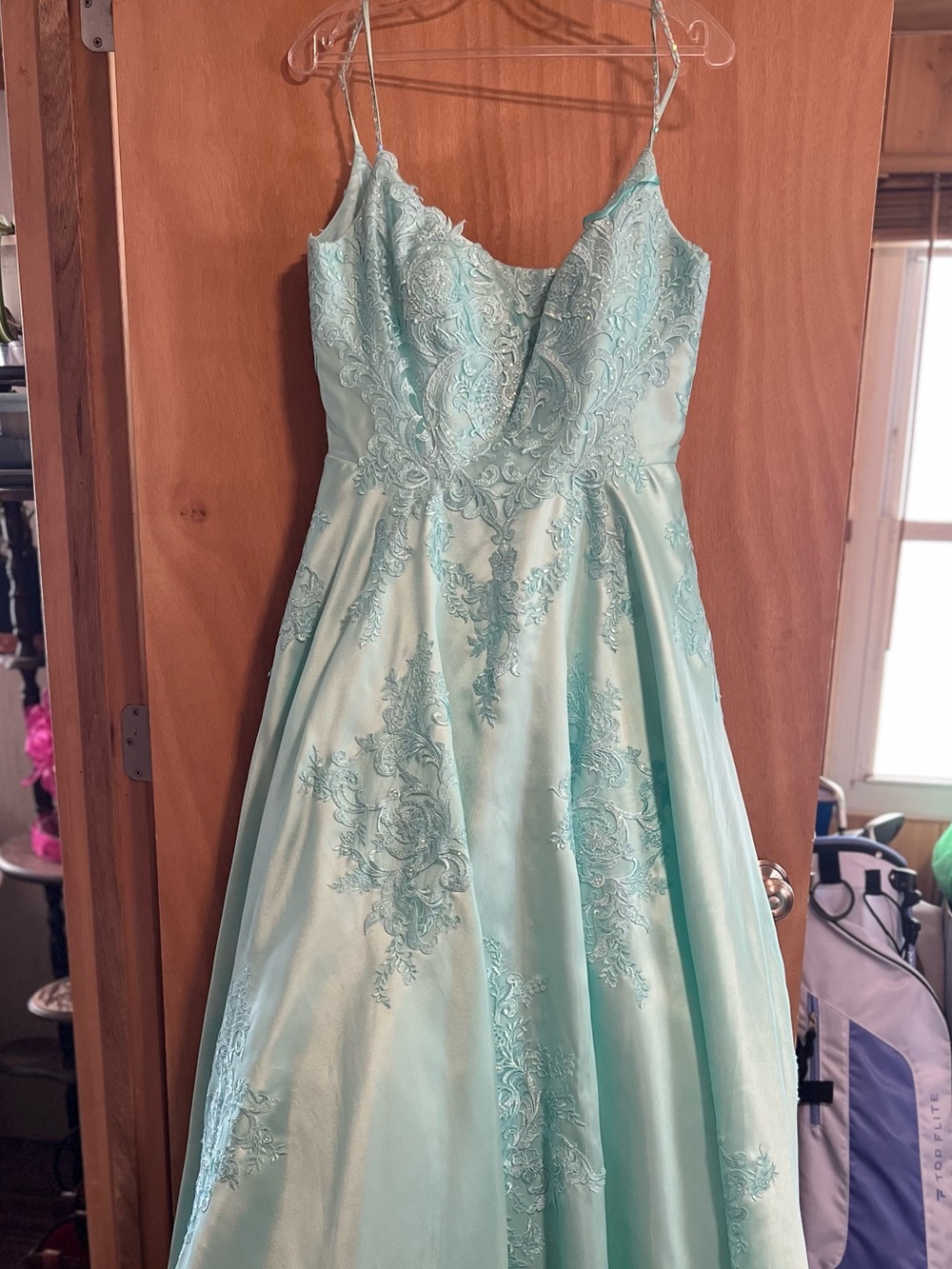 Mori Lee Light Aqua Lace Appliqué Spaghetti Strap Prom Gown